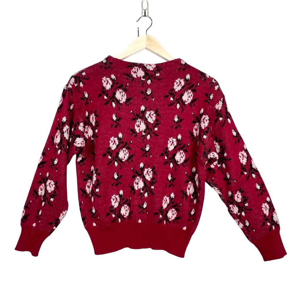 Vintage Crazy Horse Floral Rose Red Black Fuzzy Wool Blend Women's Sweater S/M